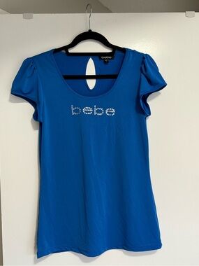 bebe Royal Blue Crystal Logo Scoop Tee